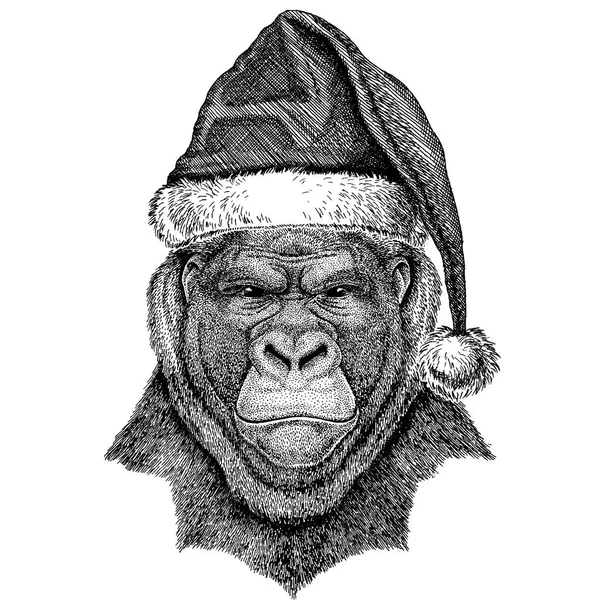 Gorilla, monkey, ape wearing christmas Santa Claus hat. Hand drawn image for tattoo, emblem, badge, logo, patch — Stock Vector