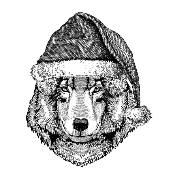 Wolf, dog wearing christmas Santa Claus hat. Hand drawn image for tattoo, emblem, badge, logo, patch — Stock Vector