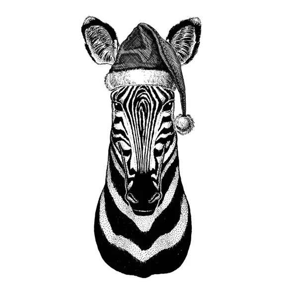 Caballo de Cebra Camelopardo, jirafa con sombrero de Navidad de Papá Noel. Imagen dibujada a mano para tatuaje, emblema, insignia, logotipo, parche — Vector de stock