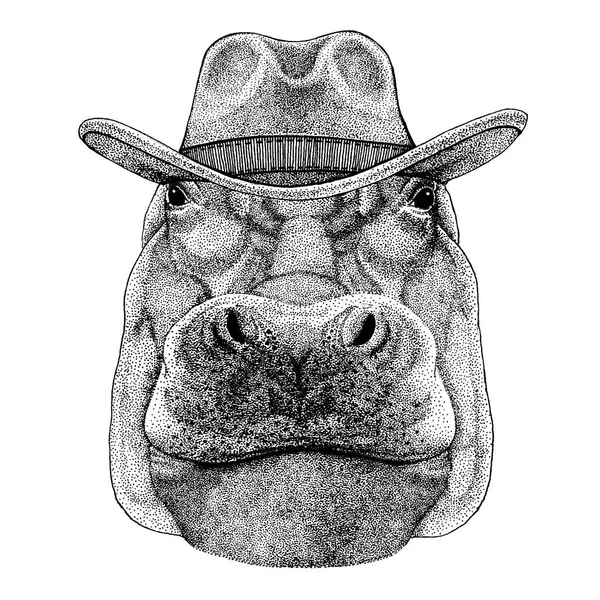 Hippo, Hippopotame, monstre, cheval de rivière portant un chapeau de cow-boy. Animal sauvage de l'ouest. Image dessinée à la main pour tatouage, emblème, insigne, logo, patch, t-shirt — Image vectorielle