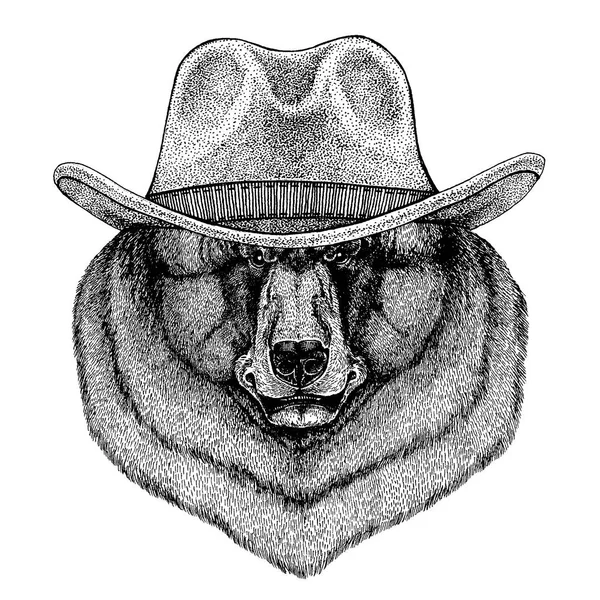 Orso nero con il cappello da cowboy. Un animale selvaggio. Immagine disegnata a mano per tatuaggio, emblema, distintivo, logo, patch, t-shirt — Vettoriale Stock