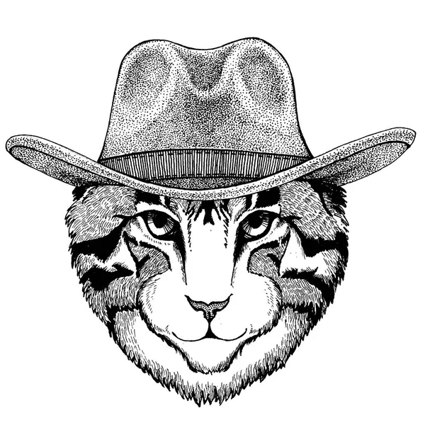 काउबॉय टोपी पहने घरेलू बिल्ली की छवि। जंगली पश्चिम जानवर। टैटू, प्रतीक, बैज, लोगो, पैच, टी-शर्ट के लिए हाथ से तैयार छवि — स्टॉक वेक्टर