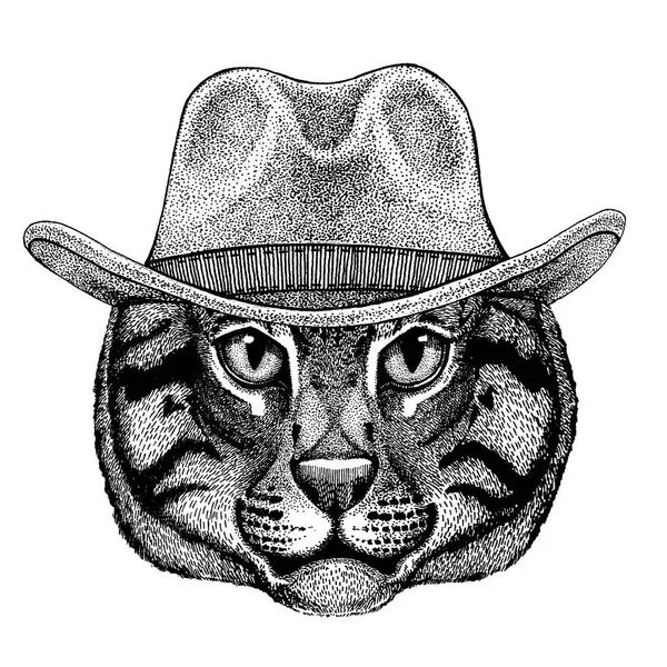 Wild cat Fishing cat wearing cowboy hat. Wild west animal. Hand drawn image for tattoo, emblem, badge, logo, patch, t-shirt — Stock Vector