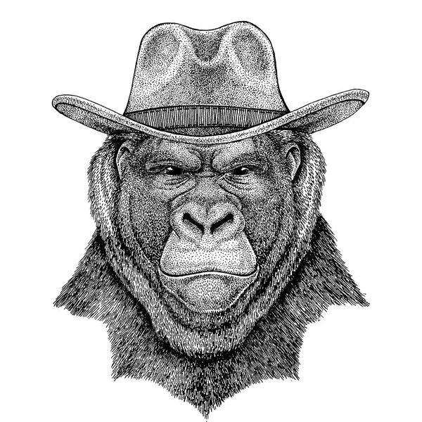 Gorilla, monkey, ape wearing cowboy hat. Wild west animal. Hand drawn image for tattoo, emblem, badge, logo, patch, t-shirt — Stock Vector