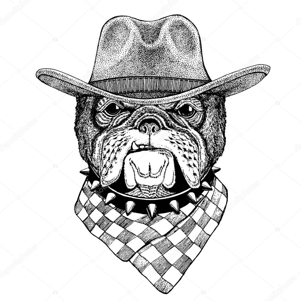 Wild west animal wearing cowboy hat. Hand drawn image for tattoo, emblem, badge, logo, patch, t-shirt