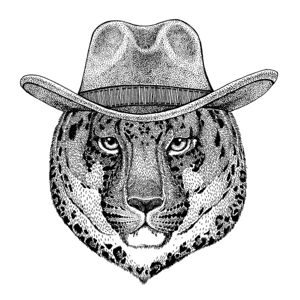 Panther, Puma, Cougar, Wild cat, leopard, jaguar wearing cowboy hat. Wild west animal. Hand drawn image for tattoo, emblem, badge, logo, patch, t-shirt — Stock Vector