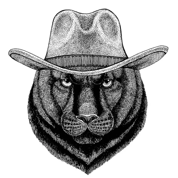 Pantera, Puma, puma, gato salvaje, leopardo, jaguar con sombrero de vaquero. Animal salvaje del oeste. Imagen dibujada a mano para tatuaje, emblema, insignia, logotipo, parche, camiseta — Archivo Imágenes Vectoriales