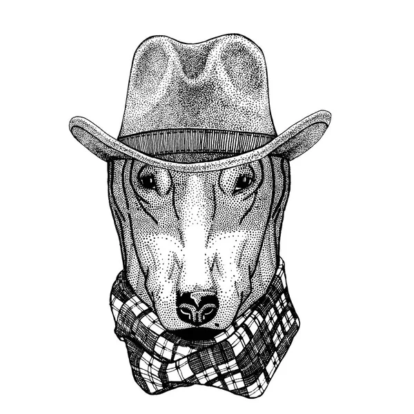 Perro con sombrero de vaquero. Animal salvaje del oeste. Imagen dibujada a mano para tatuaje, emblema, insignia, logotipo, parche, camiseta — Archivo Imágenes Vectoriales