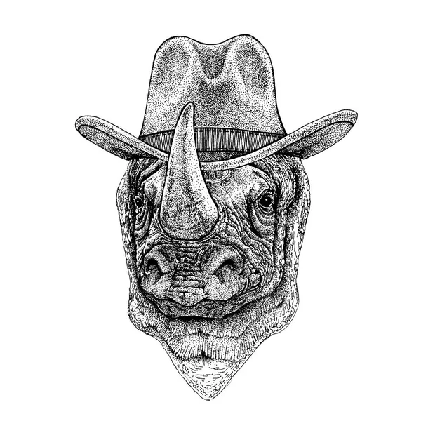 Rhinocéros, rhinocéros portant un chapeau de cow-boy. Animal sauvage de l'ouest. Image dessinée à la main pour tatouage, emblème, insigne, logo, patch, t-shirt — Image vectorielle