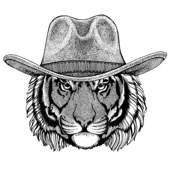काउबॉय टोपी पहने हुए जंगली बाघ। जंगली पश्चिम जानवर। टैटू, प्रतीक, बैज, लोगो, पैच, टी-शर्ट के लिए हाथ से तैयार छवि — स्टॉक वेक्टर