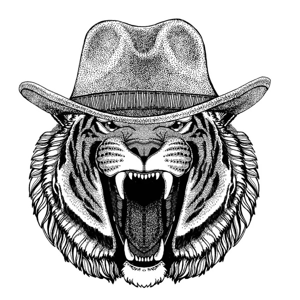 Tiger wearing cowboy hat. Wild west animal. Hand drawn image for tattoo, emblem, badge, logo, patch, t-shirt — Stock Vector