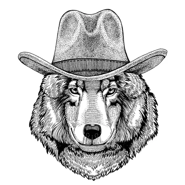 Wolf, dog wearing cowboy hat. Wild west animal. Hand drawn image for tattoo, emblem, badge, logo, patch, t-shirt — Stock Vector