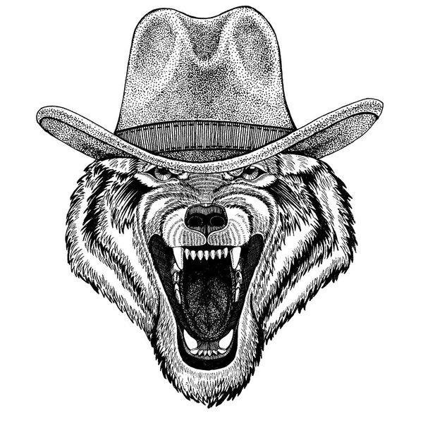Wolf, um cão a usar chapéu de cowboy. Animal selvagem do Oeste. Imagem desenhada à mão para tatuagem, emblema, crachá, logotipo, patch, t-shirt — Vetor de Stock