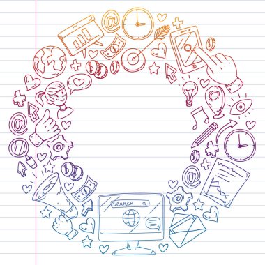Dijital pazarlama, sosyal medya, iletişim, yönetim. Arka plan afiş için.