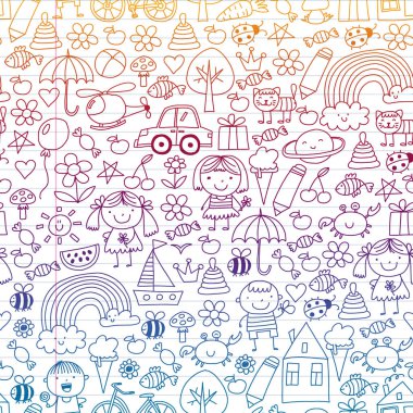 Sevimli çocuk ve oyuncaklar ile anaokulu desen. Stil illüstrasyon çizim çocuklar