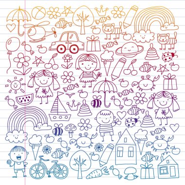 Sevimli çocuk ve oyuncaklar ile anaokulu desen. Stil illüstrasyon çizim çocuklar