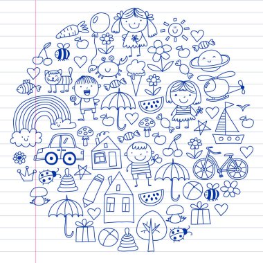 Sevimli çocuk ve oyuncaklar ile anaokulu desen. Stil illüstrasyon çizim çocuklar