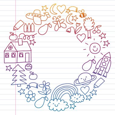 Çizim çocuklar. Renkli vektör desen ile oyuncak, uzay, gezegen