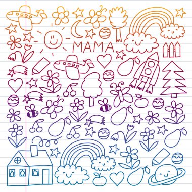 Çizim çocuklar. Renkli vektör desen ile oyuncak, uzay, gezegen