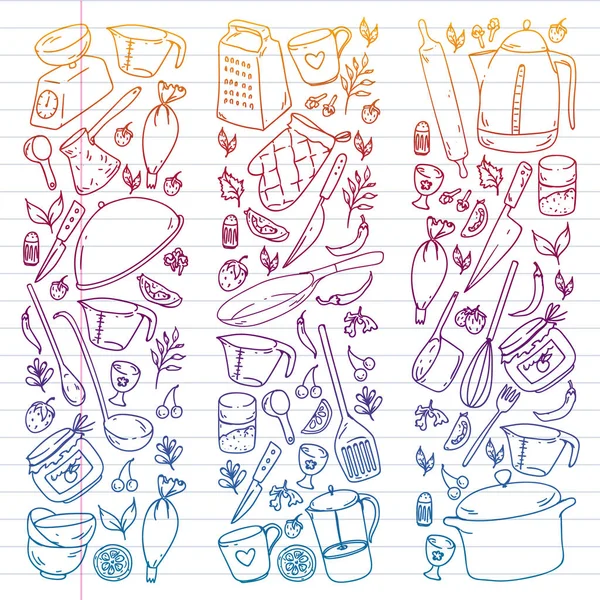 Clase de cocina, menú. Utensilios de cocina, utencils Iconos de comida y cocina — Vector de stock