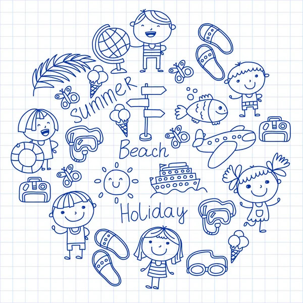 Modèle vectoriel avec des icônes enfants. Vacances d'été au bord de la mer, mer, océan, plage. Les petits enfants s'amusent . — Image vectorielle