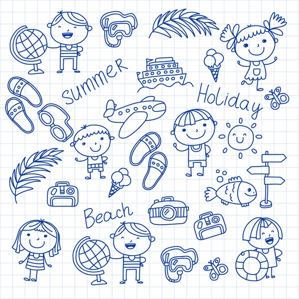 Patrón vectorial con iconos para niños. Vacaciones de verano en la orilla del mar, mar, océano, playa. Niños pequeños divirtiéndose . — Vector de stock