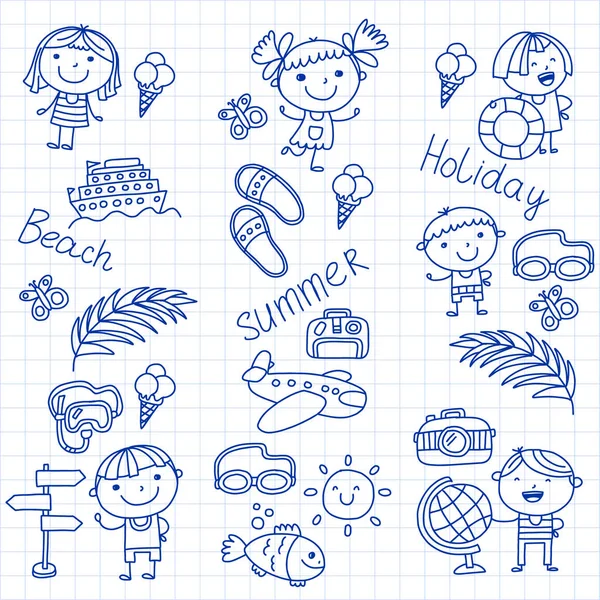 Векторный рисунок с детскими иконками. Летние каникулы на берегу моря, моря, океана, пляжа. Маленькие дети веселятся . — стоковый вектор