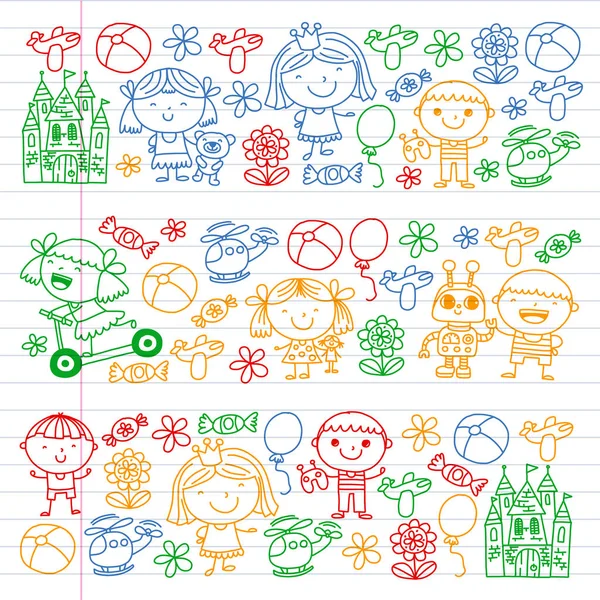 Kinder mit Spielzeug. Buntes Muster für Kindergarten-Plakate. — Stockvektor