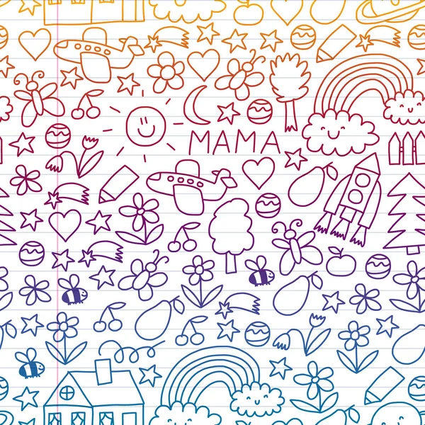 Niños dibujando. Patrón de vector colorido con juguetes, espacio, planeta — Vector de stock