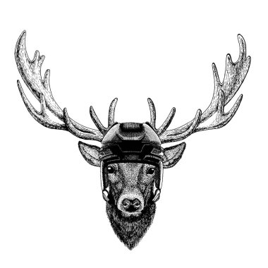 Geyik, hayvan giyen hokey kask. Aslan dövme, t-shirt, amblem, rozet, logo, yama için görüntü el çekilmiş.