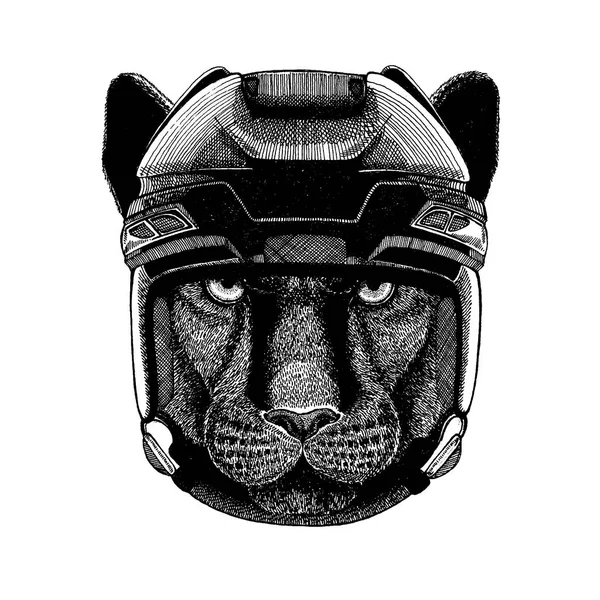 Пантера, пума, пума, дика кішка, тварина в хокейному шоломі. Ручне зображення лева для татуювання, футболки, емблеми, значка, логотип, патч . — стоковий вектор