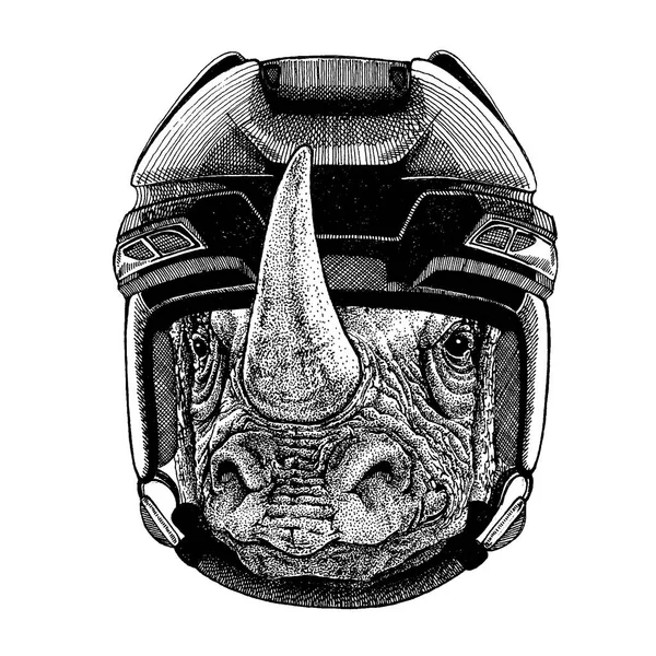 Rhinoceros, rhino, animal wearing hockey helmet. Hand drawn image of lion for tattoo, t-shirt, emblem, badge, logo, patch. — Stock Vector
