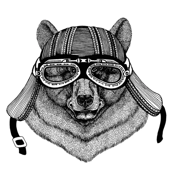 Wild bear biker animal wearing motorcycle helmet. Hand drawn image for tattoo, emblem, badge, logo, patch, t-shirt. — Stock Vector