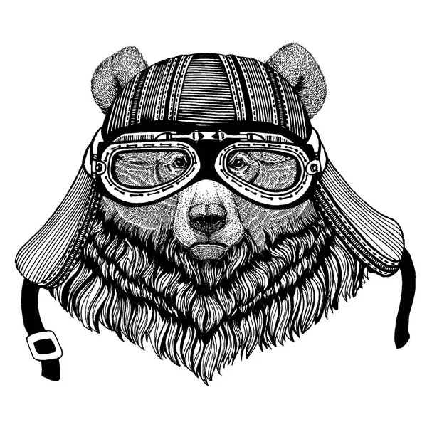 Grizzly urso animal motociclista selvagem usando capacete de motocicleta. Imagem desenhada à mão para tatuagem, emblema, crachá, logotipo, patch, t-shirt . — Vetor de Stock