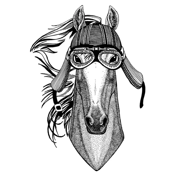 Cavallo, cavallo, cavallo, destriero, corsetto Animali selvatici motociclisti che indossano il casco da moto. Immagine disegnata a mano per tatuaggio, emblema, distintivo, logo, patch, t-shirt . — Vettoriale Stock