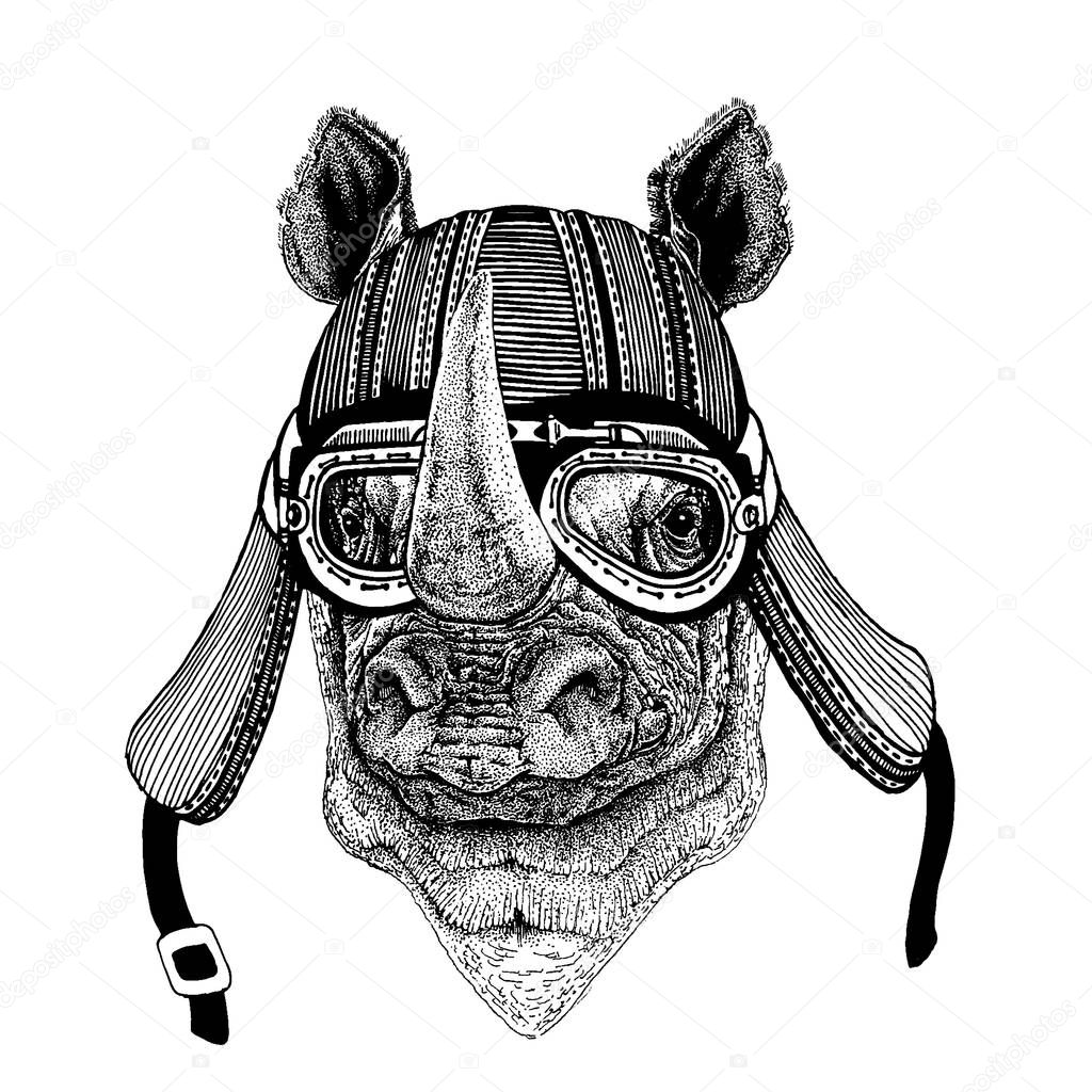 Rhinoceros, rhino wild biker animal wearing motorcycle helmet. Hand drawn image for tattoo, emblem, badge, logo, patch, t-shirt.