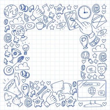 Dijital pazarlama, sosyal medya, iletişim, yönetim. Arka plan afiş için.