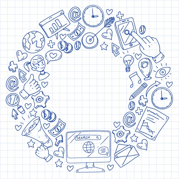 Dijital pazarlama, sosyal medya, iletişim, yönetim. Arka plan afiş için.