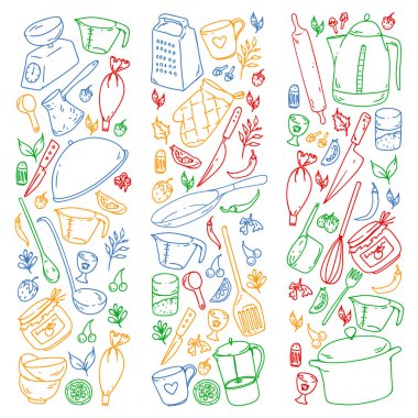 Yemek kursuna. Mutfak eşyaları, tabağını. Yemek ve mutfak simgeler.