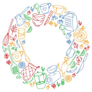 Yemek kursuna. Mutfak eşyaları, tabağını. Yemek ve mutfak simgeler.