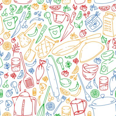 Yemek kursuna. Mutfak eşyaları, tabağını. Yemek ve mutfak simgeler.