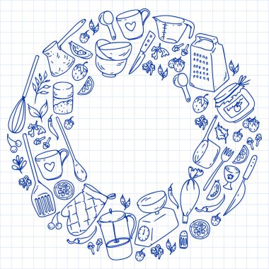 Yemek kursuna, menü. Mutfak eşyaları, tabağını yemek ve mutfak simgeler