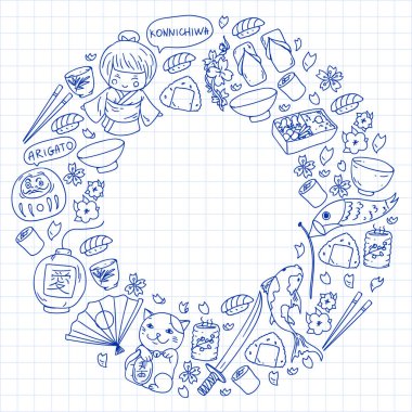 Japonya. Japon geleneksel öğeleri ile vektör desen. Fuji Dağı, sacura çiçekler, origami.