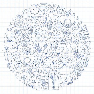 Doğum günü partisi Prenses tarzı. Farklı öğeleri vektör kümesi küçük kızlar için. Paket kağıdı, duvar kağıdı.