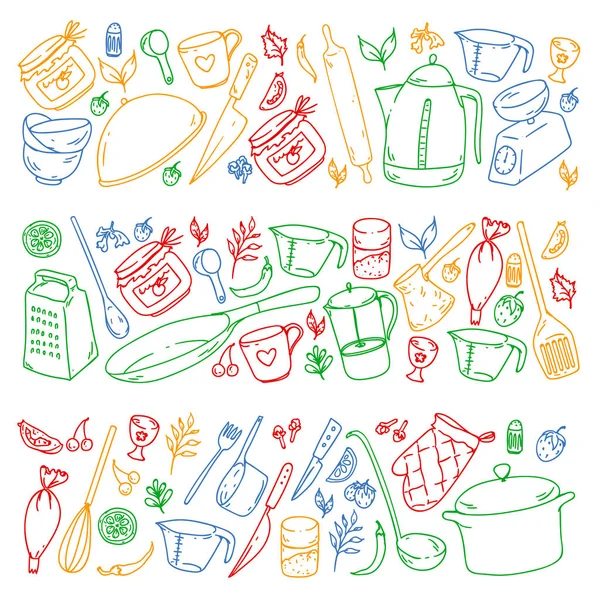 Clase de cocina. Utensilios de cocina, utencils. Iconos de comida y cocina . — Vector de stock