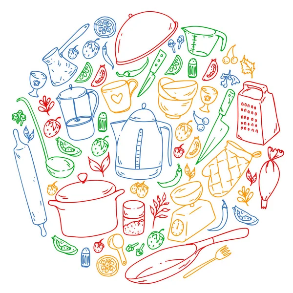 Clase de cocina. Utensilios de cocina, utencils. Iconos de comida y cocina . — Vector de stock