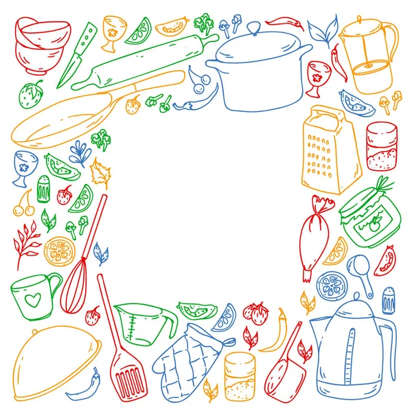 Clase de cocina. Utensilios de cocina, utencils. Iconos de comida y cocina . — Vector de stock