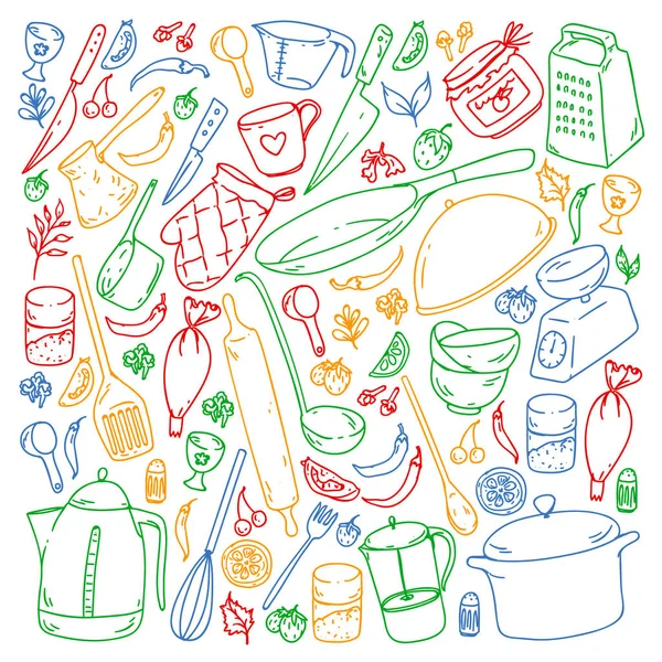 Уроки кулинарии. Кухонные принадлежности, посуда. Продукты питания и кухонные иконы . — стоковый вектор