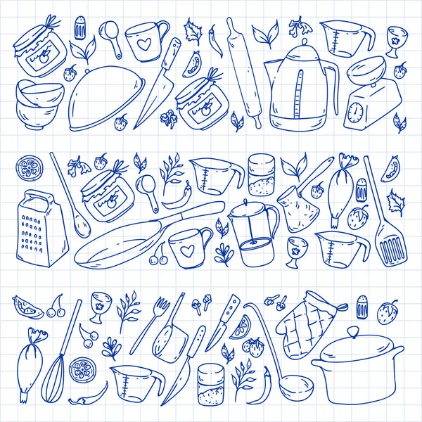 Clase de cocina, menú. Utensilios de cocina, utencils Iconos de comida y cocina — Vector de stock