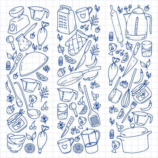 Clase de cocina, menú. Utensilios de cocina, utencils Iconos de comida y cocina — Vector de stock